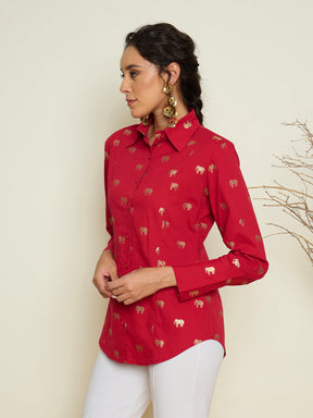 Fuchsia Foil Print Shoulder Padded Slim Fit Poplin Shirt-Pink Paprika By SASSAFRAS