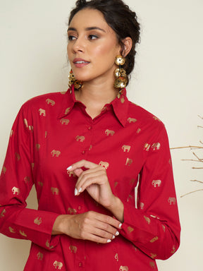 Fuchsia Foil Print Shoulder Padded Slim Fit Poplin Shirt-Pink Paprika By SASSAFRAS