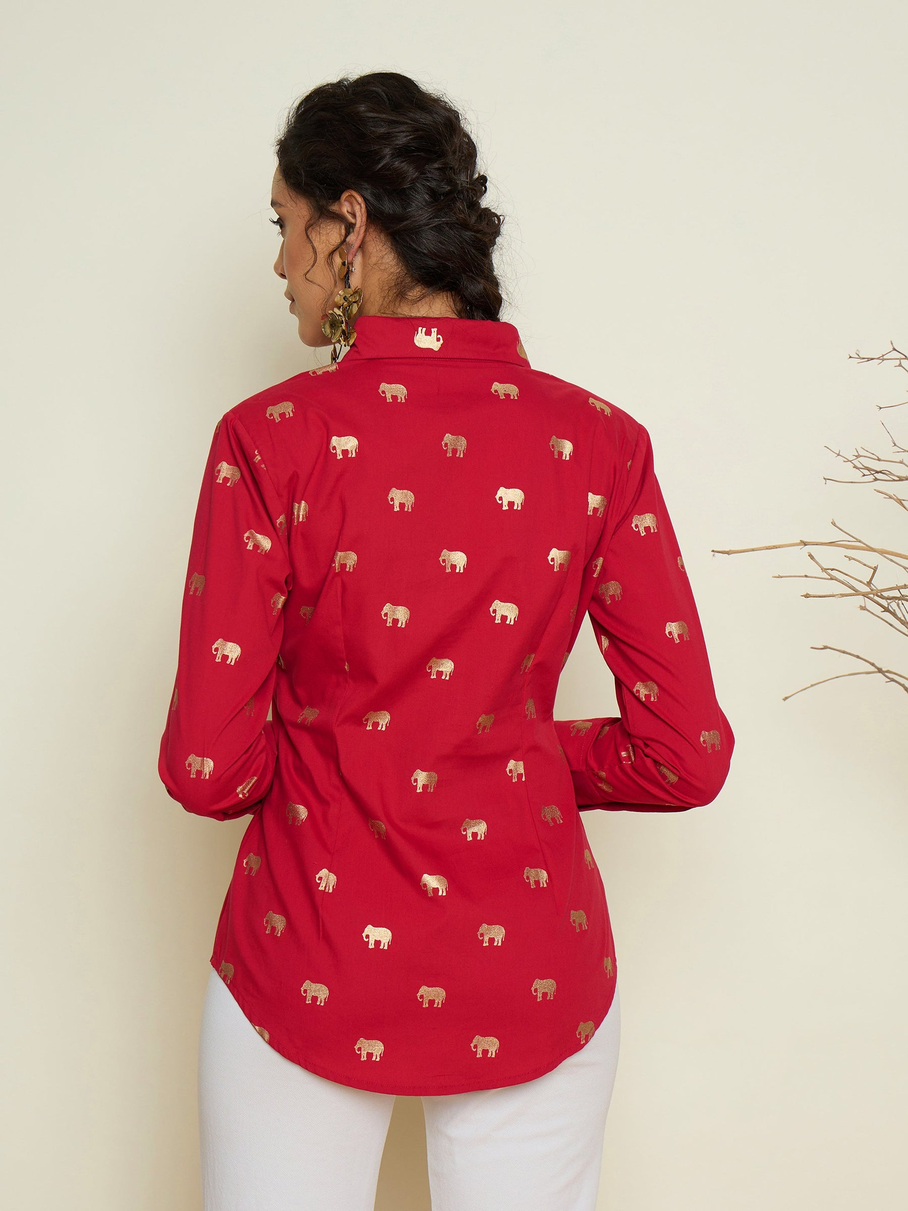 Fuchsia Foil Print Shoulder Padded Slim Fit Poplin Shirt-Pink Paprika By SASSAFRAS