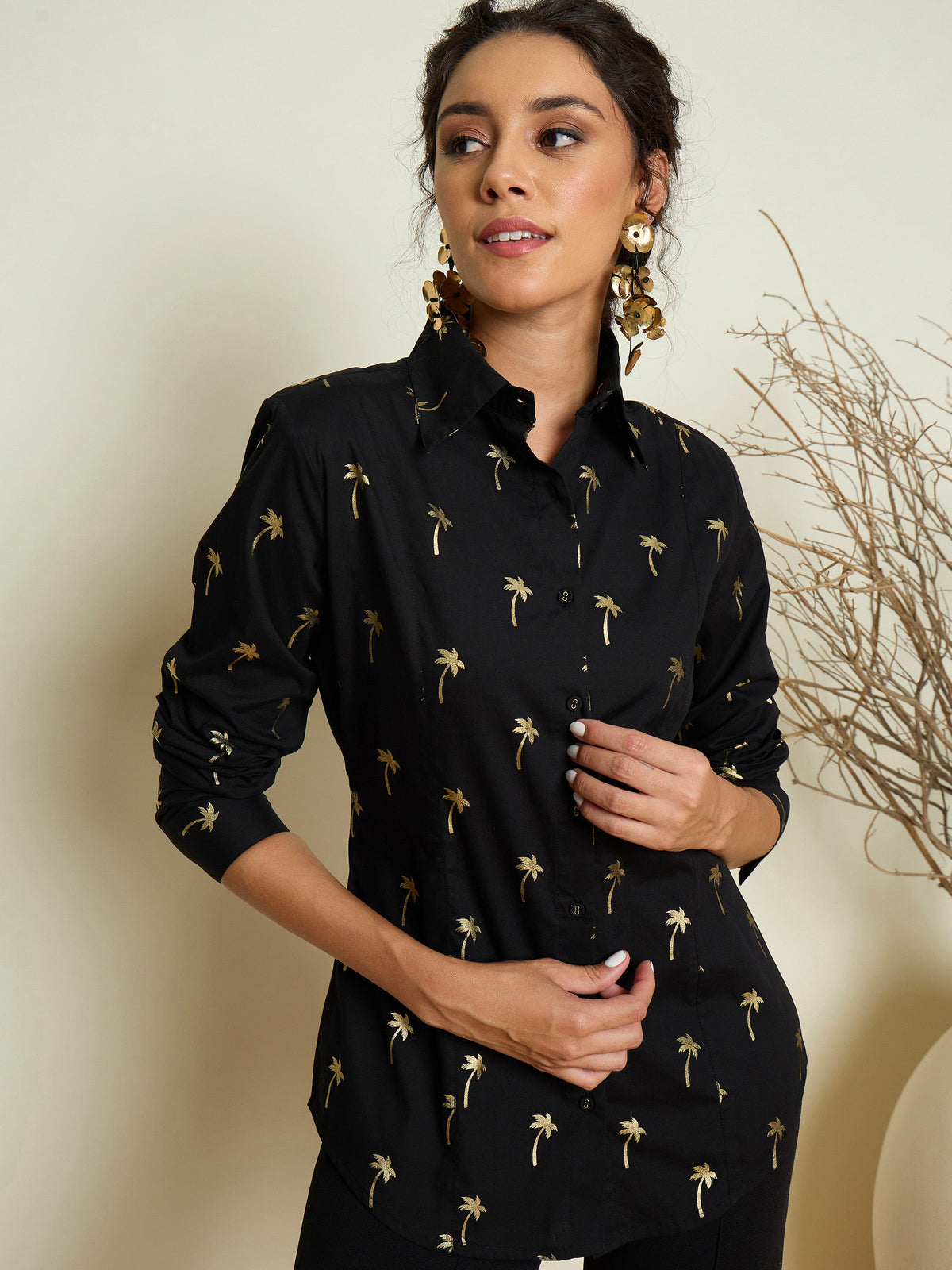 Black Foil Print Shoulder Padded Slim Fit Poplin Shirt-Pink Paprika By SASSAFRAS