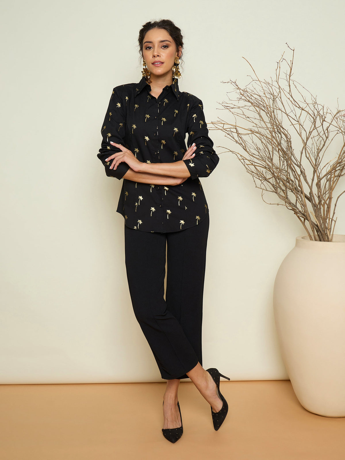 Black Foil Print Shoulder Padded Slim Fit Poplin Shirt-Pink Paprika By SASSAFRAS