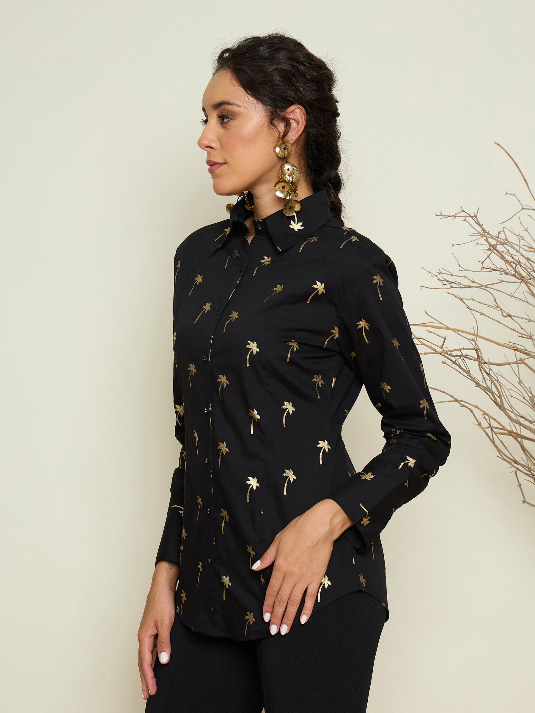 Black Foil Print Shoulder Padded Slim Fit Poplin Shirt-Pink Paprika By SASSAFRAS