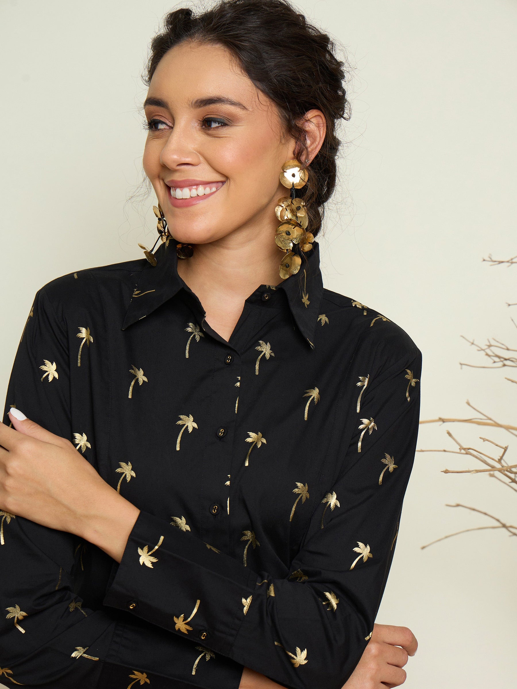 Black Foil Print Shoulder Padded Slim Fit Poplin Shirt-Pink Paprika By SASSAFRAS