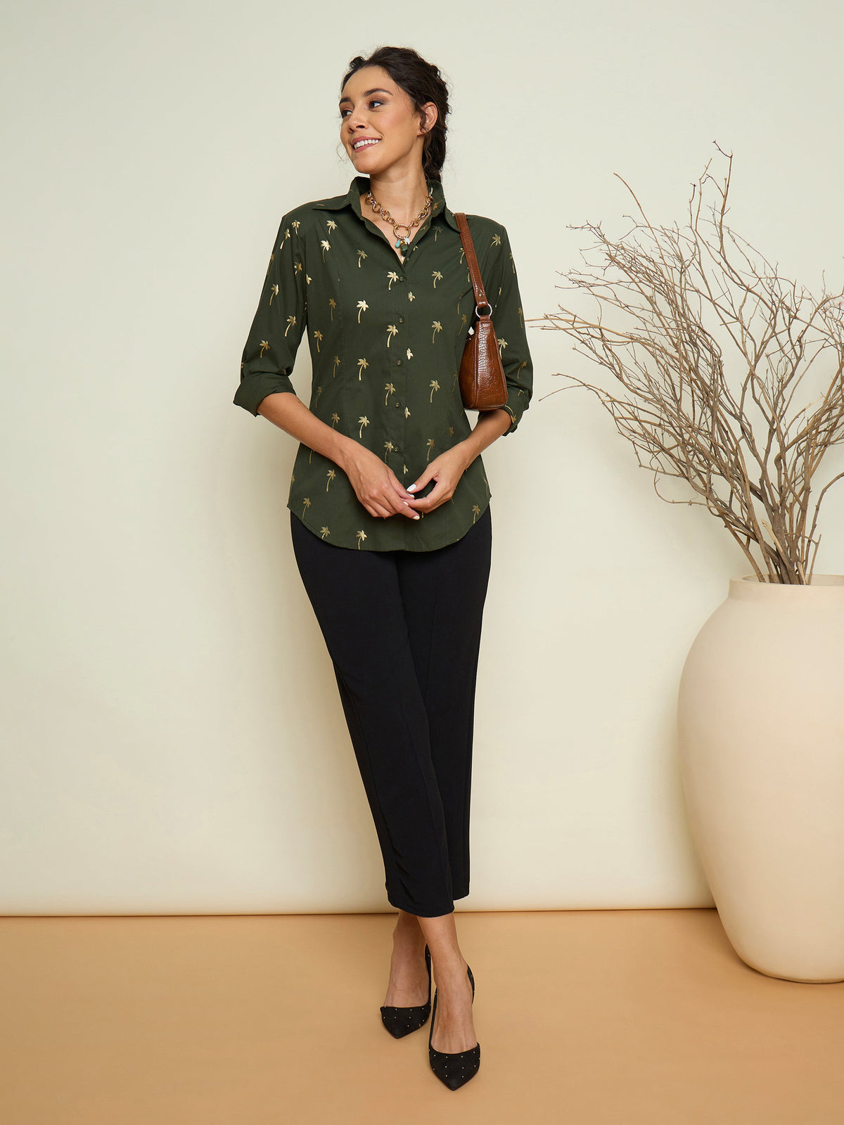 Olive Foil Print Shoulder Padded Slim Fit Poplin Shirt-Pink Paprika By SASSAFRAS