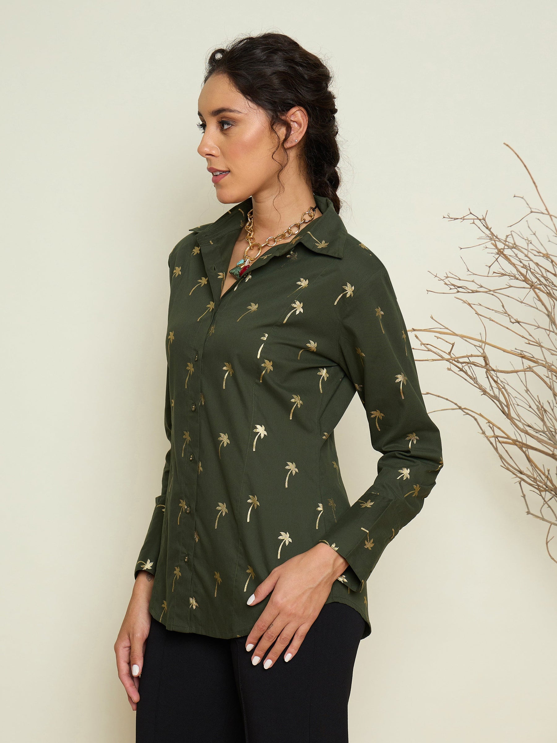 Olive Foil Print Shoulder Padded Slim Fit Poplin Shirt-Pink Paprika By SASSAFRAS