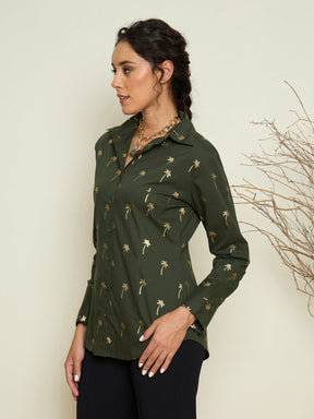 Olive Foil Print Shoulder Padded Slim Fit Poplin Shirt-Pink Paprika By SASSAFRAS