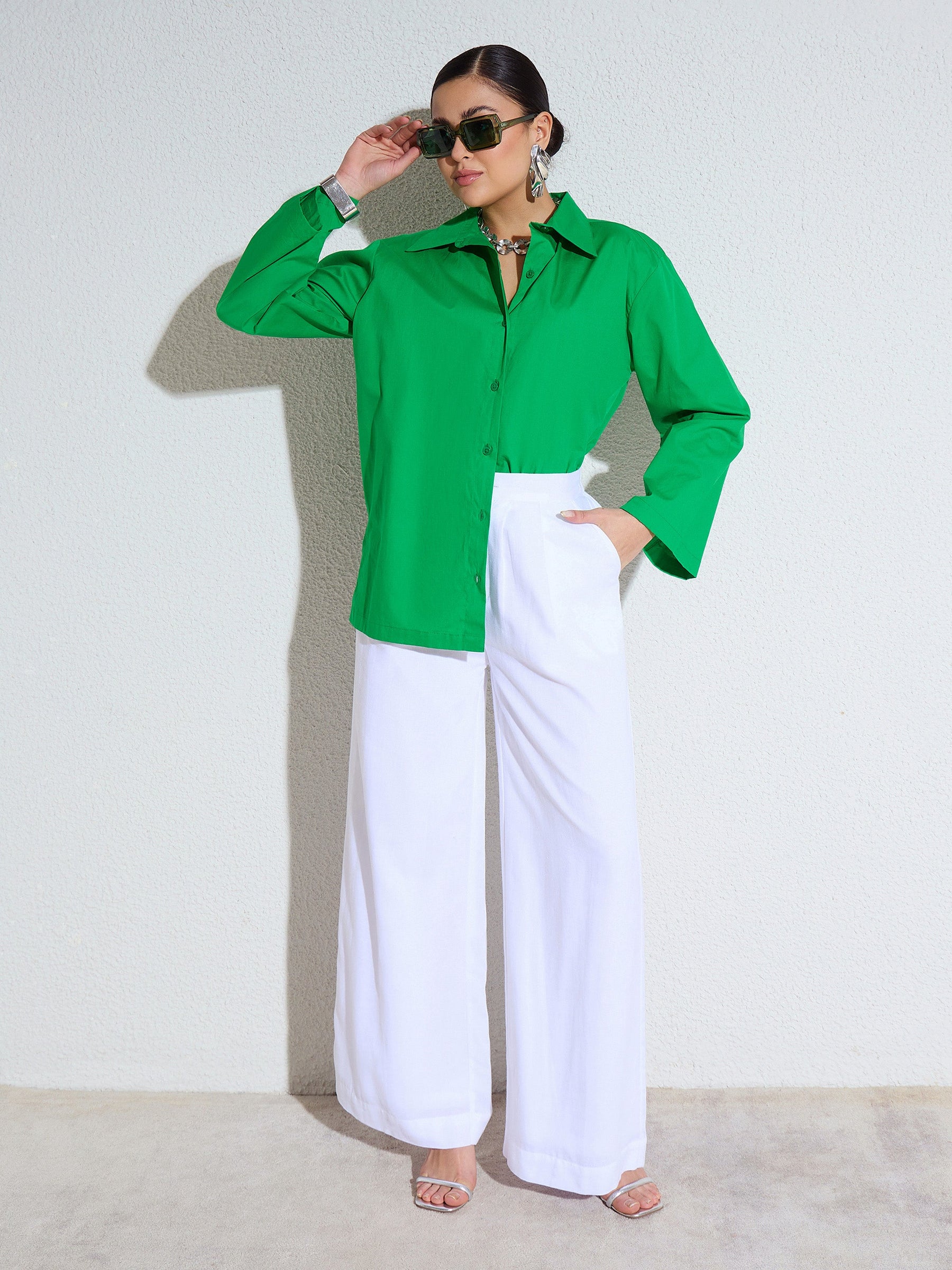 Green Poplin Full Sleeves Oversize Shirt -SASSAFRAS