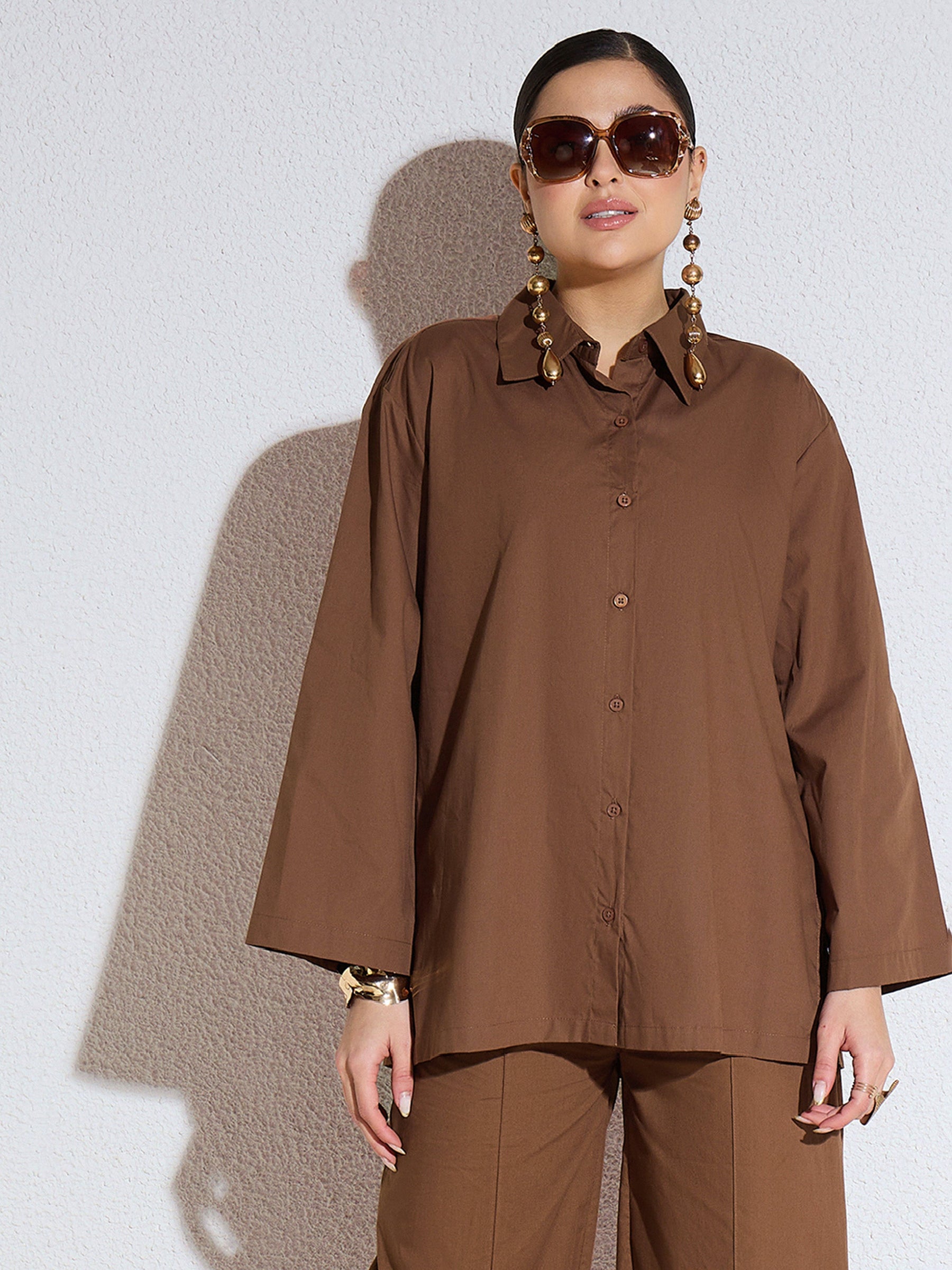 Brown Poplin Full Sleeves Oversize Shirt -SASSAFRAS