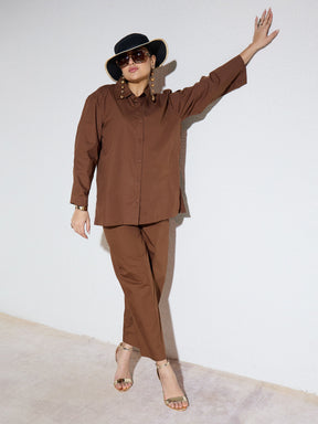 Brown Poplin Full Sleeves Oversize Shirt -SASSAFRAS
