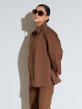 Brown Poplin Full Sleeves Oversize Shirt -SASSAFRAS