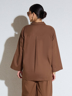 Brown Poplin Full Sleeves Oversize Shirt -SASSAFRAS