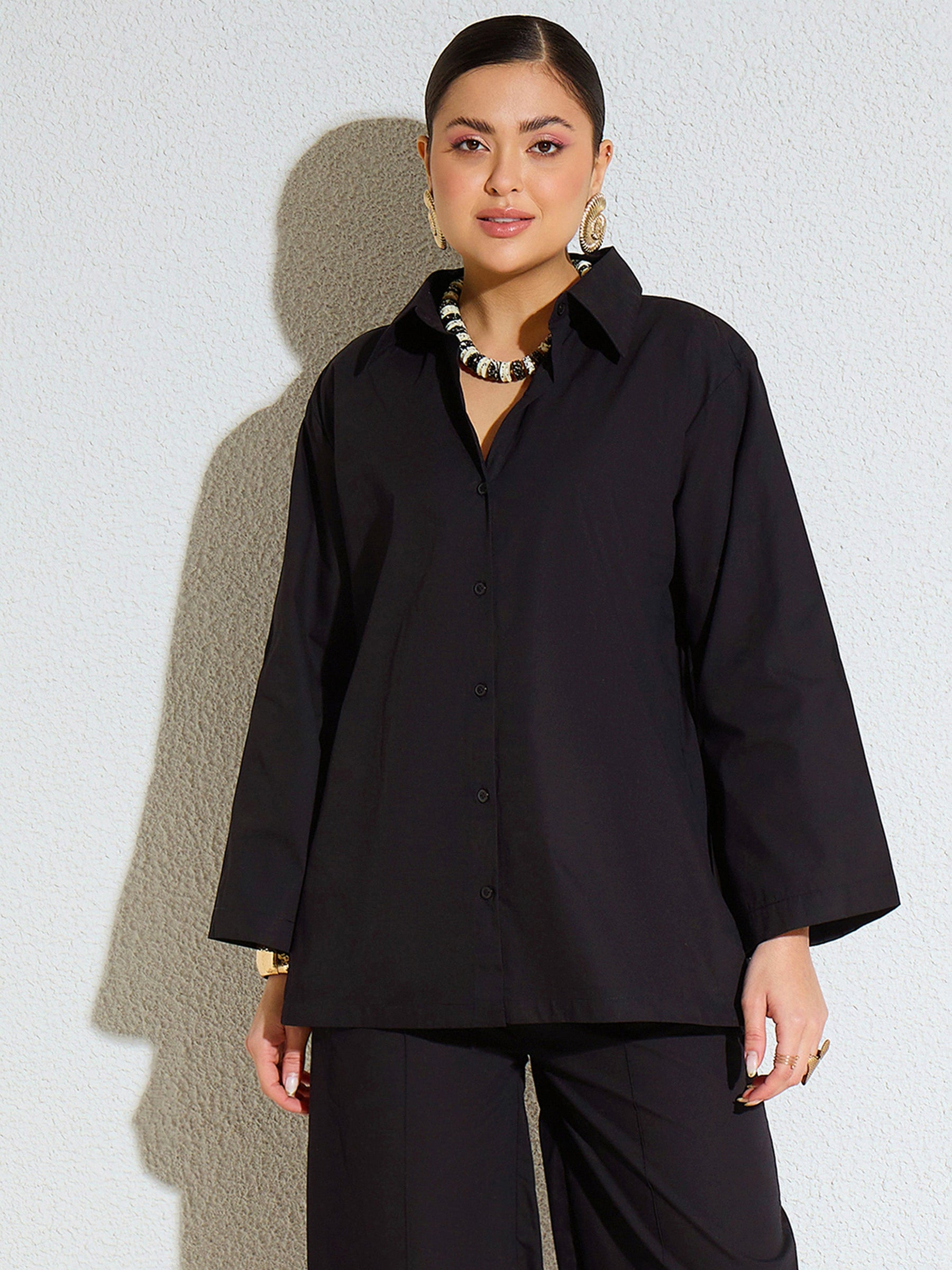 Black Poplin Full Sleeves Oversize Shirt -SASSAFRAS