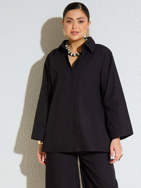 Black Poplin Full Sleeves Oversize Shirt -SASSAFRAS