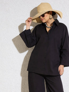 Black Poplin Full Sleeves Oversize Shirt -SASSAFRAS