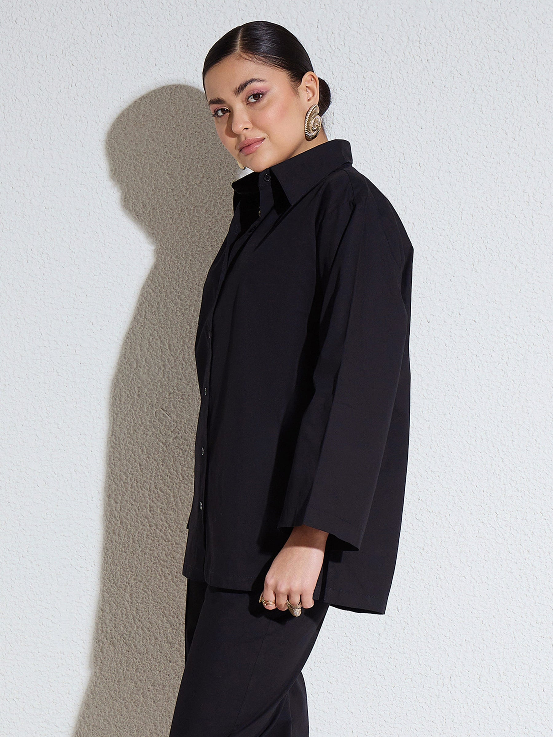 Black Poplin Full Sleeves Oversize Shirt -SASSAFRAS
