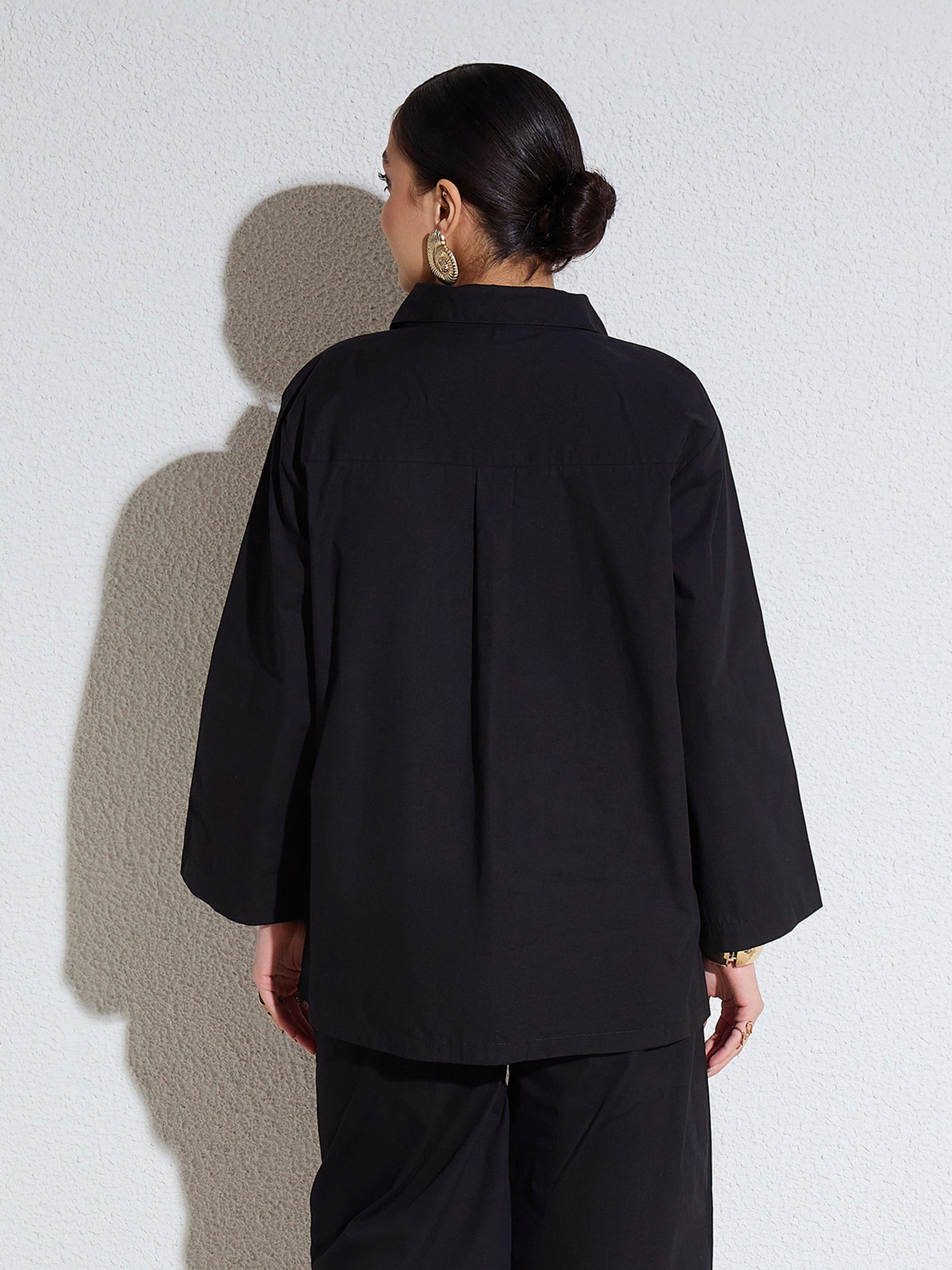 Black Poplin Full Sleeves Oversize Shirt -SASSAFRAS