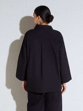Black Poplin Full Sleeves Oversize Shirt -SASSAFRAS