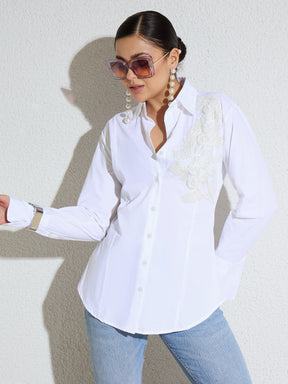 White Embellished Lace Patch Slim Fit Shirt -SASSAFRAS