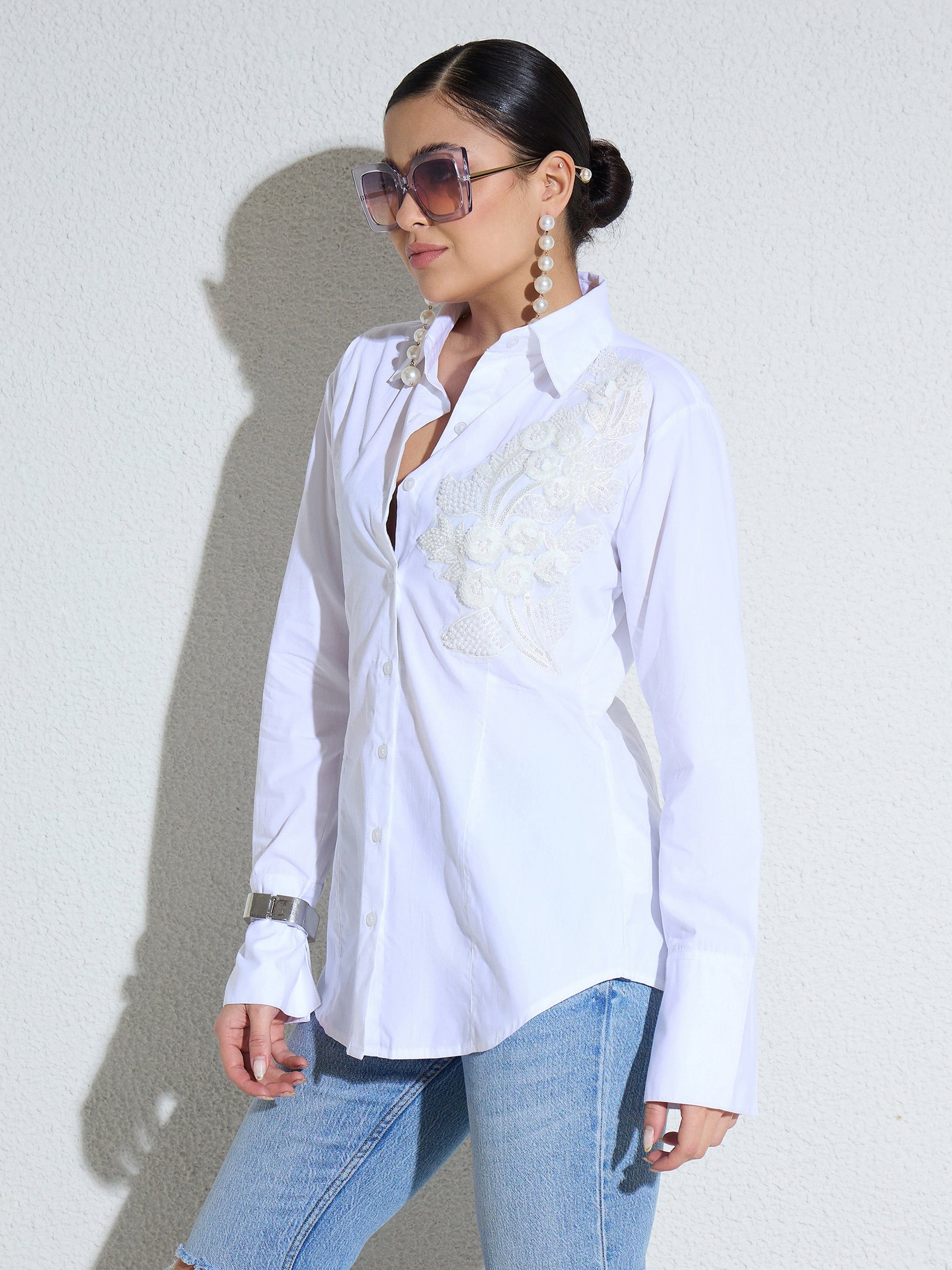 White Embellished Lace Patch Slim Fit Shirt -SASSAFRAS