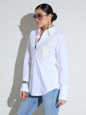 White Embellished Lace Patch Slim Fit Shirt -SASSAFRAS