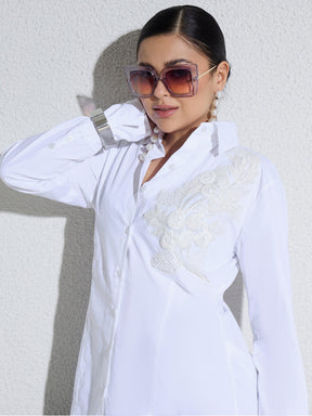 White Embellished Lace Patch Slim Fit Shirt -SASSAFRAS