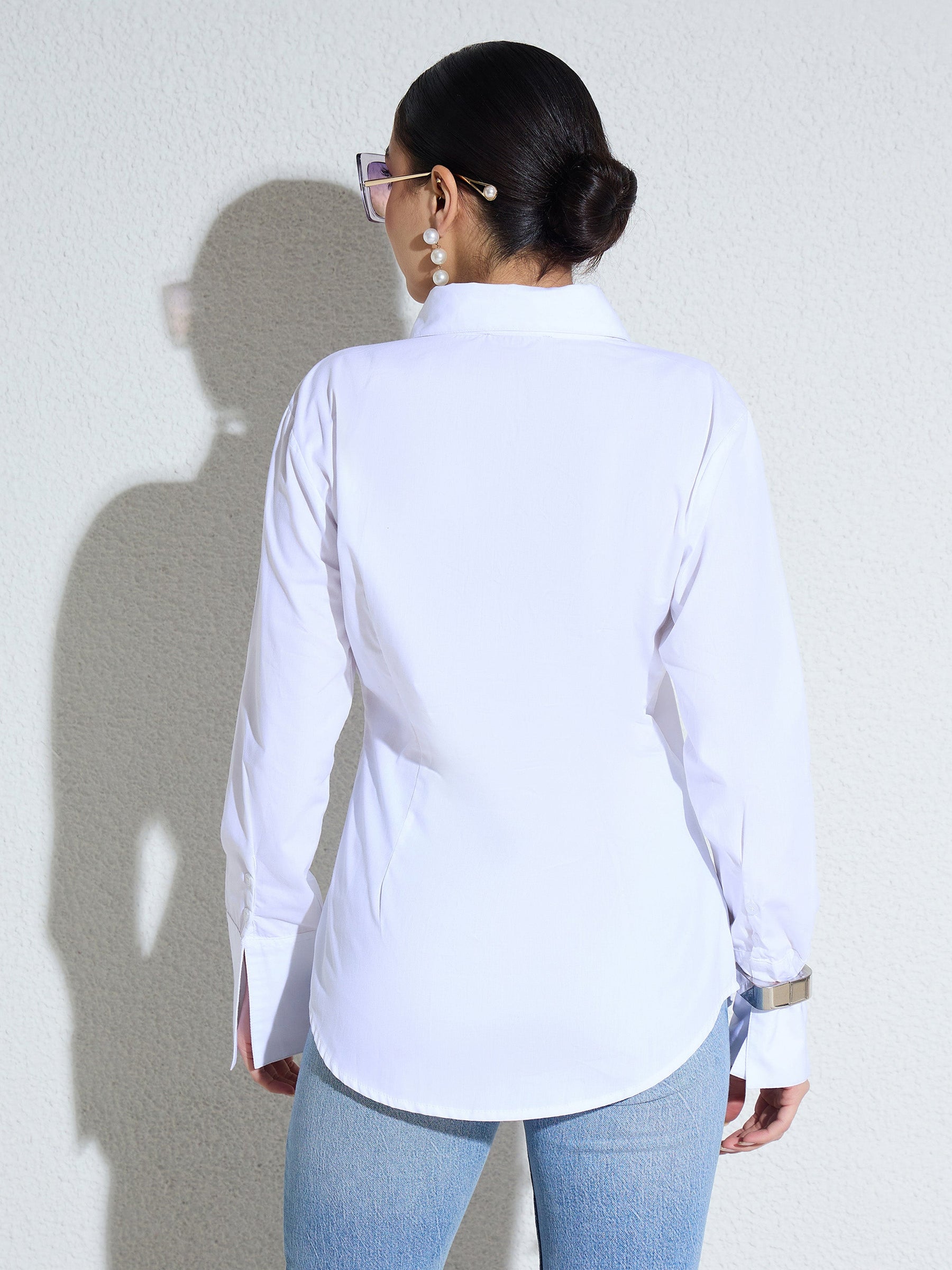 White Embellished Lace Patch Slim Fit Shirt -SASSAFRAS