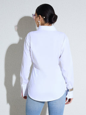 White Embellished Lace Patch Slim Fit Shirt -SASSAFRAS