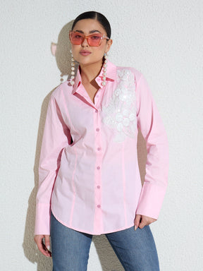 Pink Embellished Lace Patch Slim Fit Shirt -SASSAFRAS