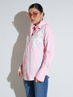 Pink Embellished Lace Patch Slim Fit Shirt -SASSAFRAS