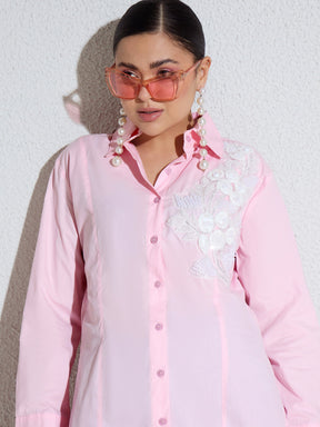 Pink Embellished Lace Patch Slim Fit Shirt -SASSAFRAS