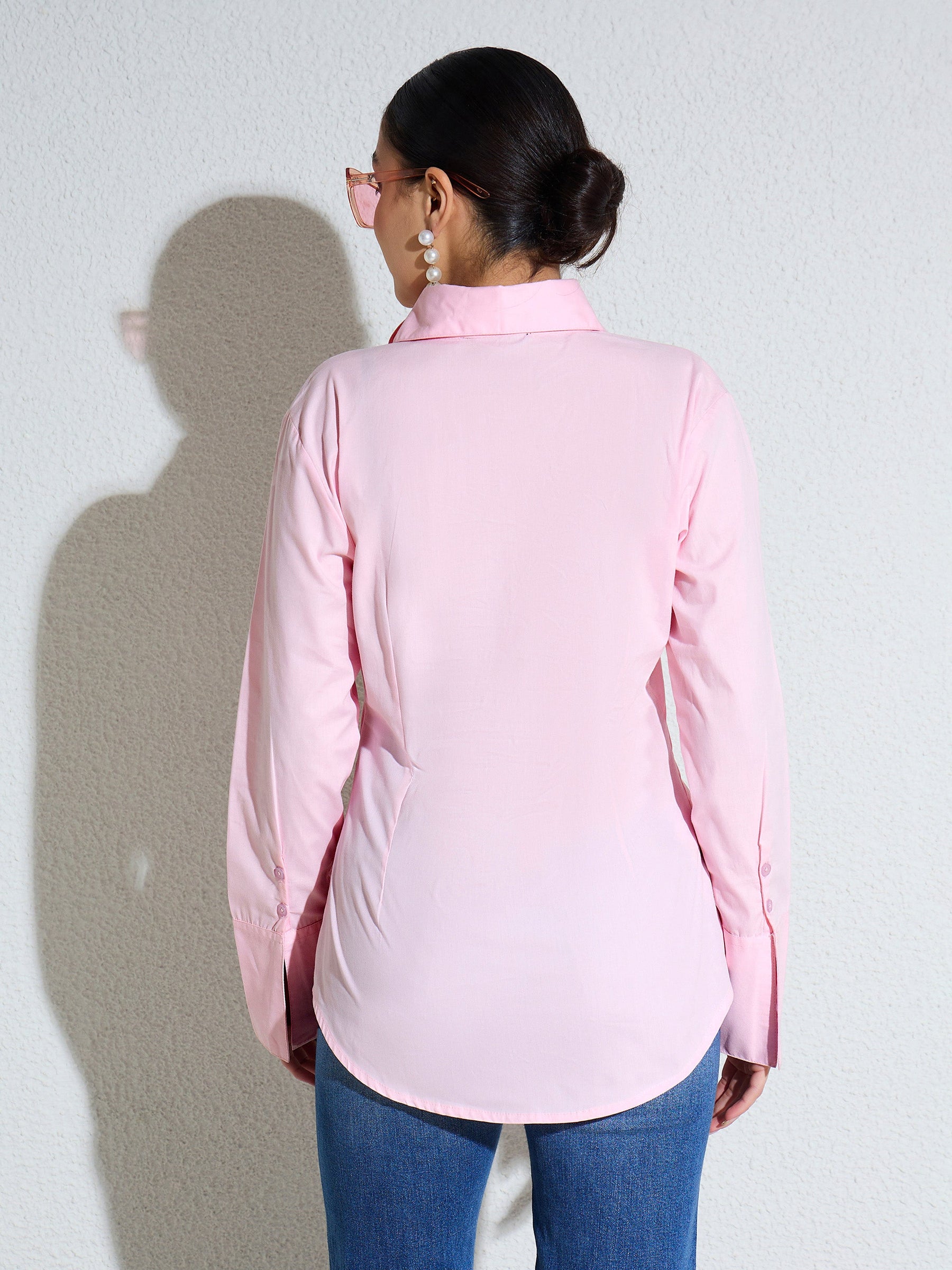 Pink Embellished Lace Patch Slim Fit Shirt -SASSAFRAS