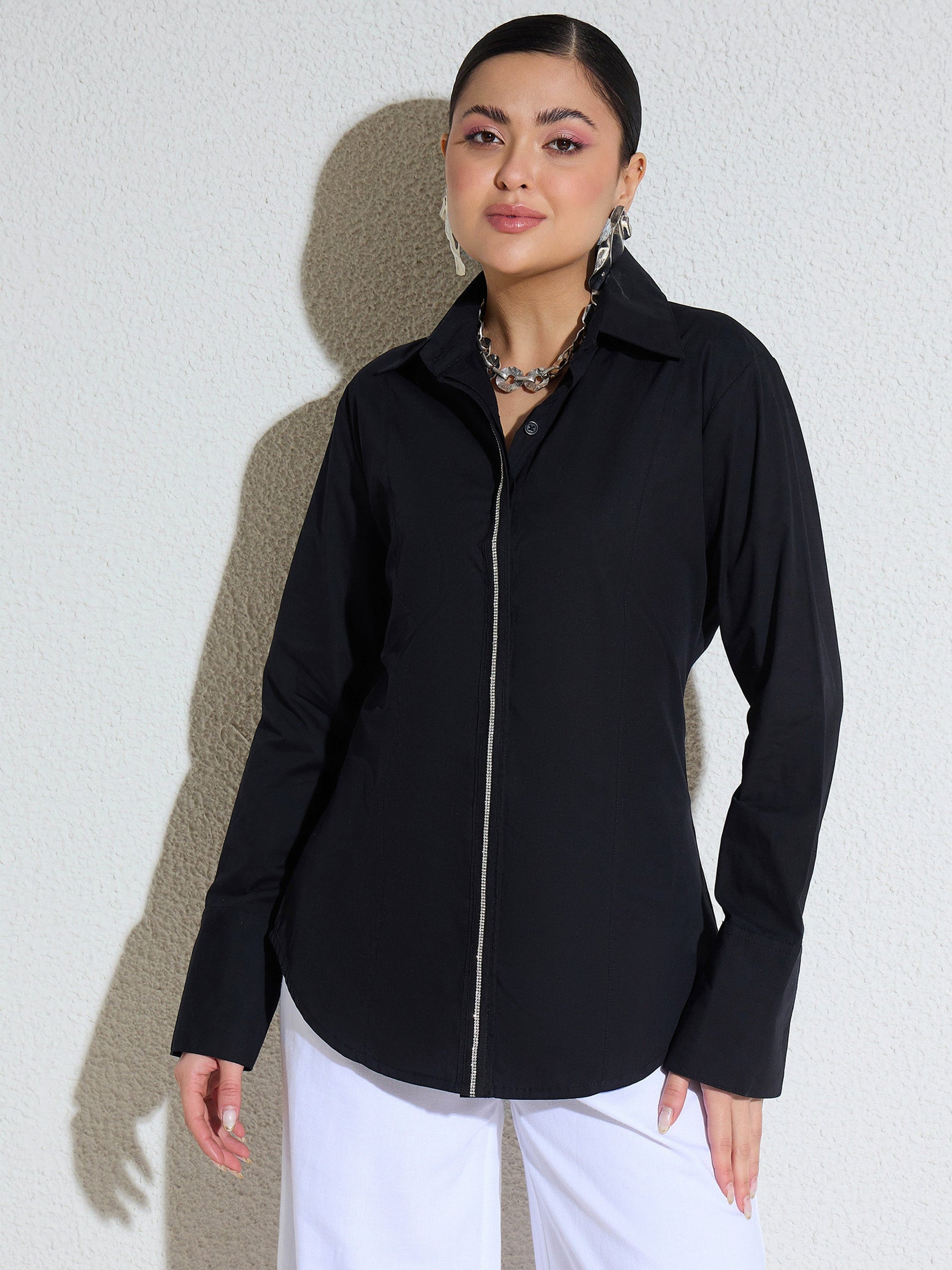 Black Embellished Placket Slim Fit Shirt -SASSAFRAS