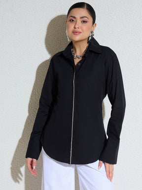 Black Embellished Placket Slim Fit Shirt -SASSAFRAS