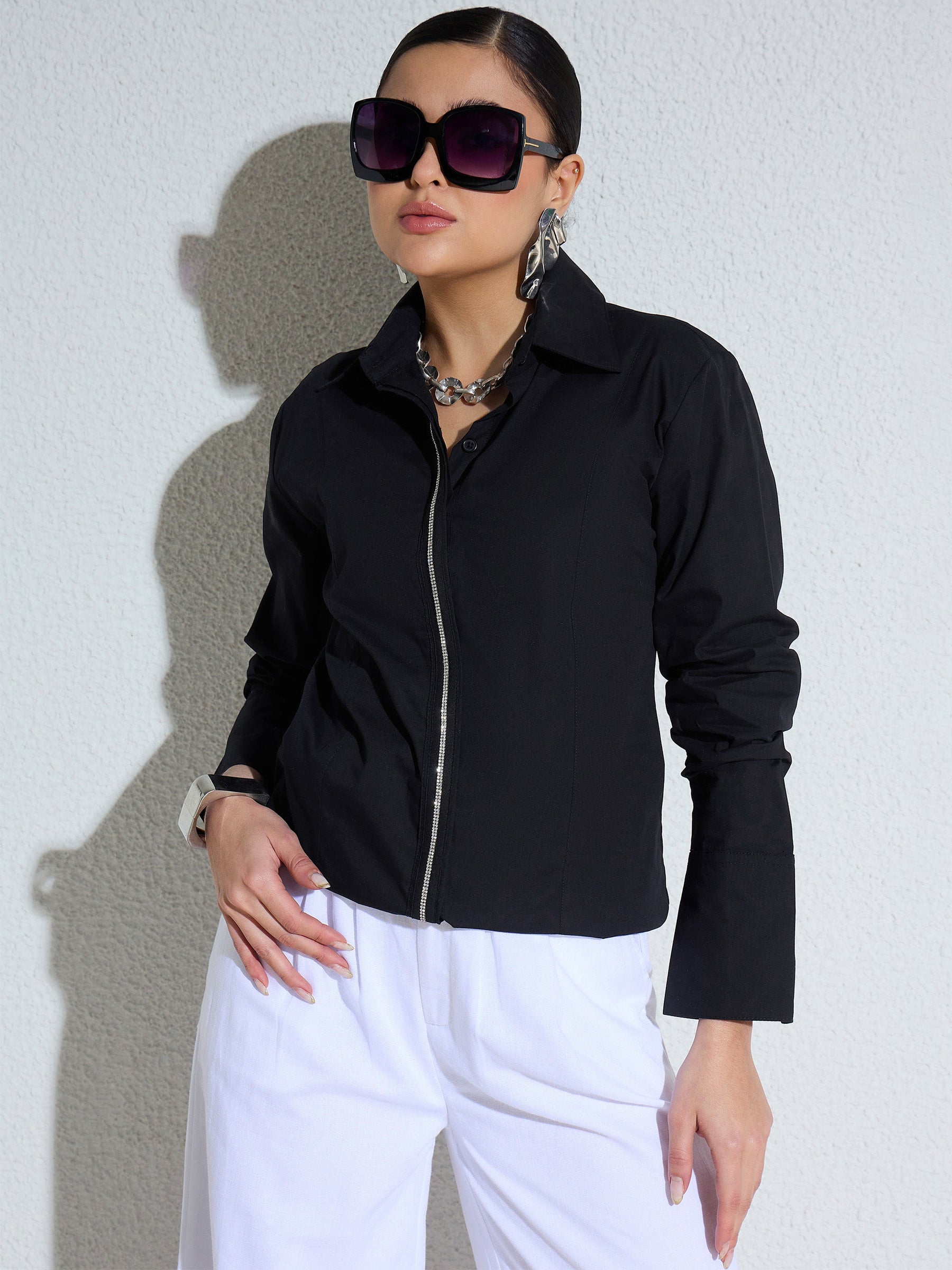 Black Embellished Placket Slim Fit Shirt -SASSAFRAS
