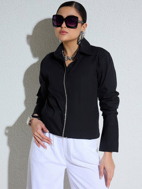 Black Embellished Placket Slim Fit Shirt -SASSAFRAS