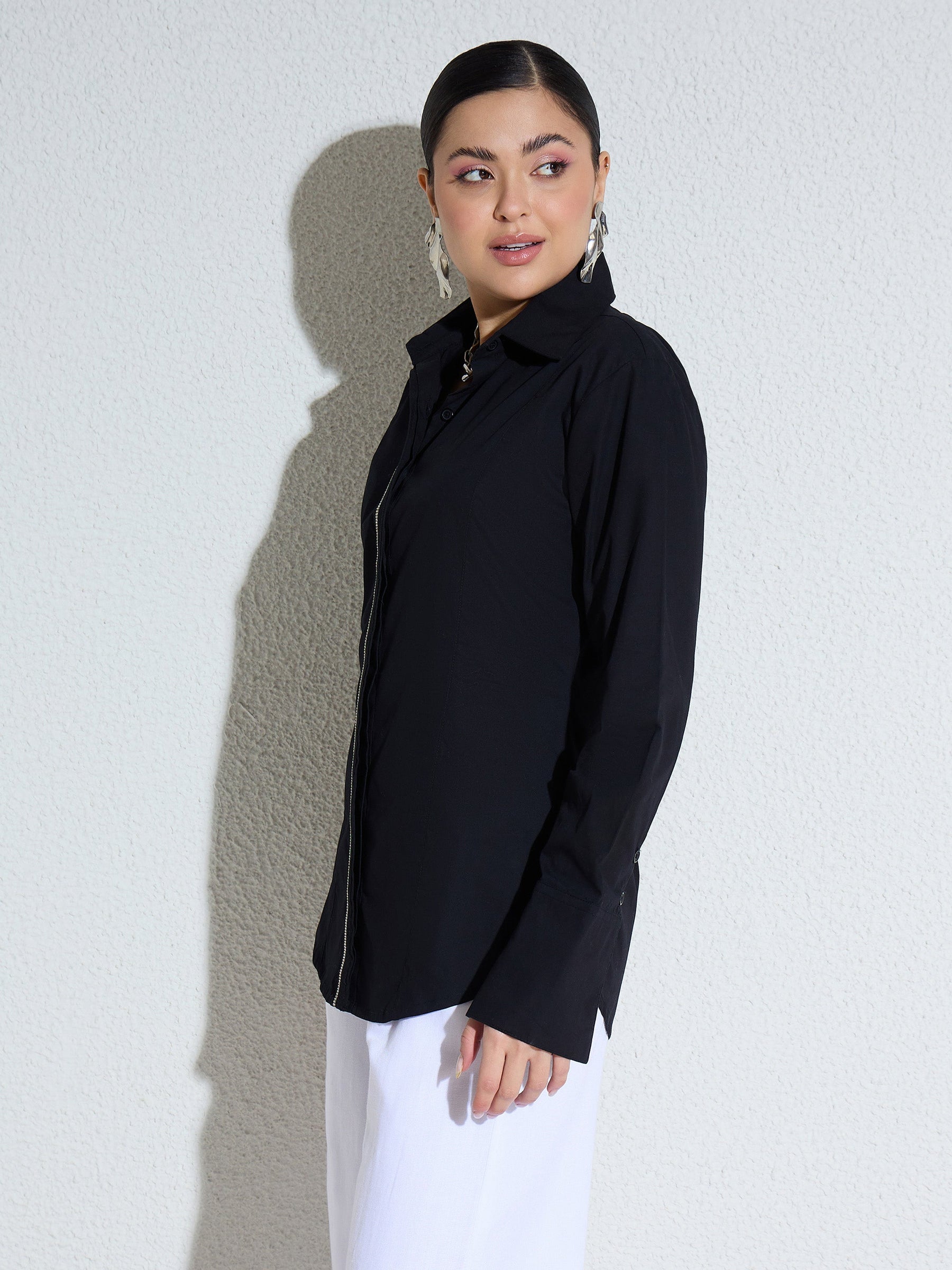 Black Embellished Placket Slim Fit Shirt -SASSAFRAS