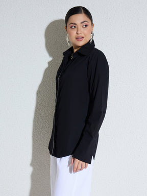 Black Embellished Placket Slim Fit Shirt -SASSAFRAS