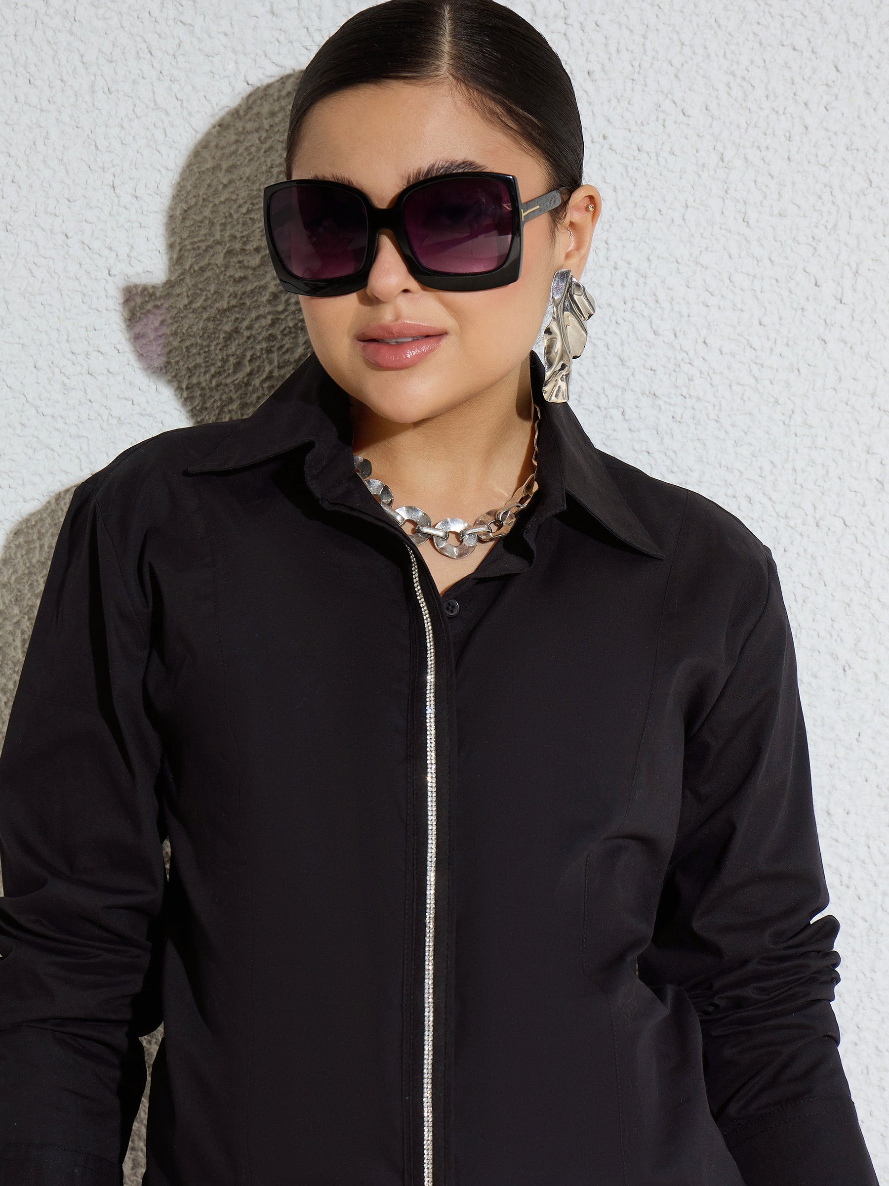 Black Embellished Placket Slim Fit Shirt -SASSAFRAS
