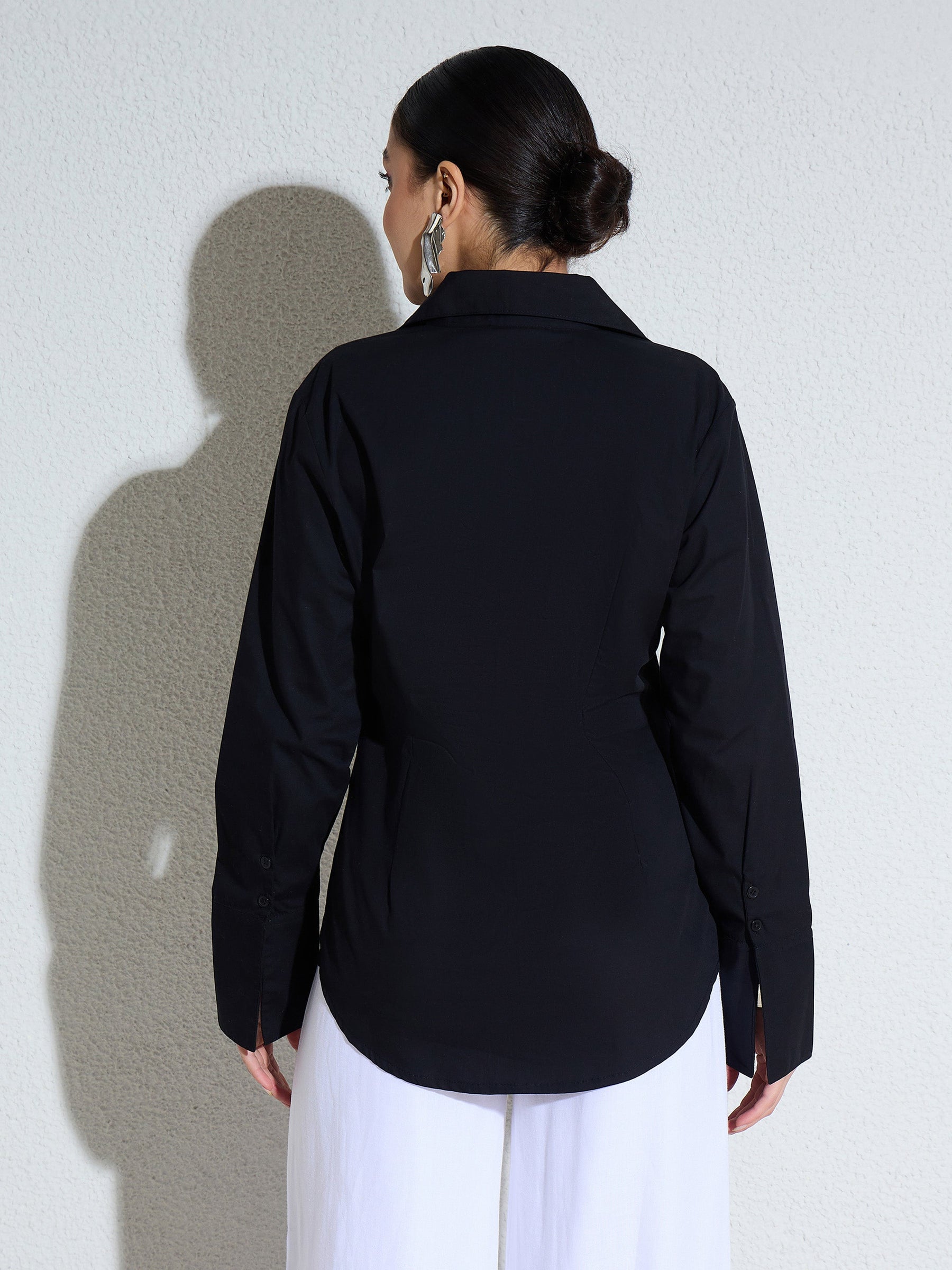 Black Embellished Placket Slim Fit Shirt -SASSAFRAS