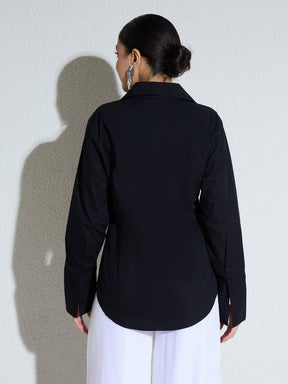 Black Embellished Placket Slim Fit Shirt -SASSAFRAS