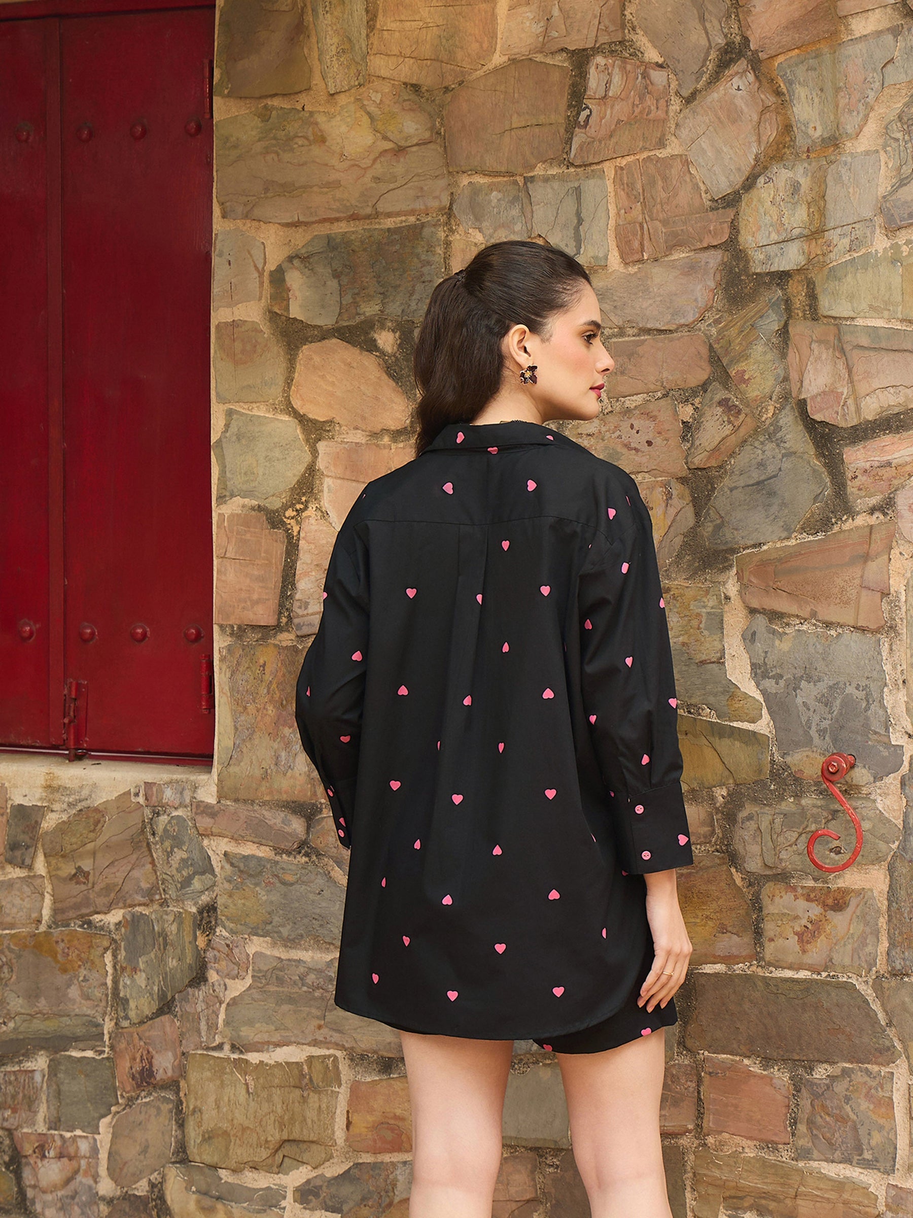 Black & Pink Heart Print Oversized Shirt -Pink Paprika By SASSAFRAS