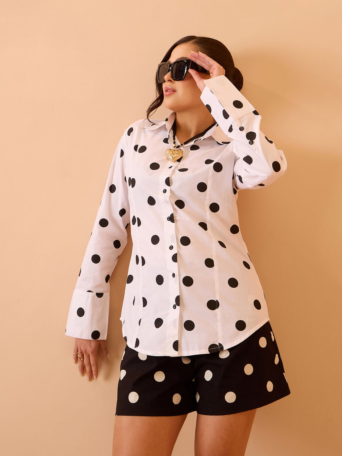 White & Black Big Polka Slim Fit Shirt-Pink Paprika By SASSAFRAS