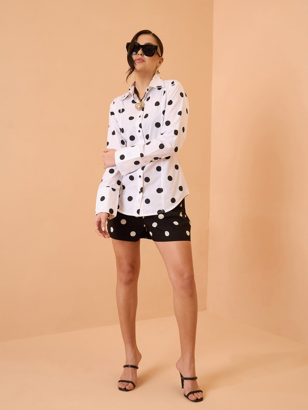 White & Black Big Polka Slim Fit Shirt-Pink Paprika By SASSAFRAS