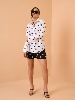 White & Black Big Polka Slim Fit Shirt-Pink Paprika By SASSAFRAS
