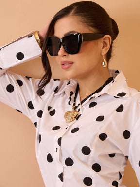 White & Black Big Polka Slim Fit Shirt-Pink Paprika By SASSAFRAS
