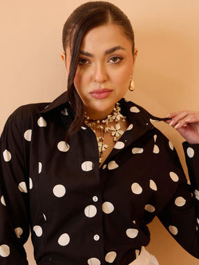 Black & White Big Polka Slim Fit Shirt-Pink Paprika By SASSAFRAS