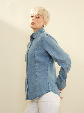 Blue Denim Acid Wash Slim Fit Shirt -SASSAFRAS