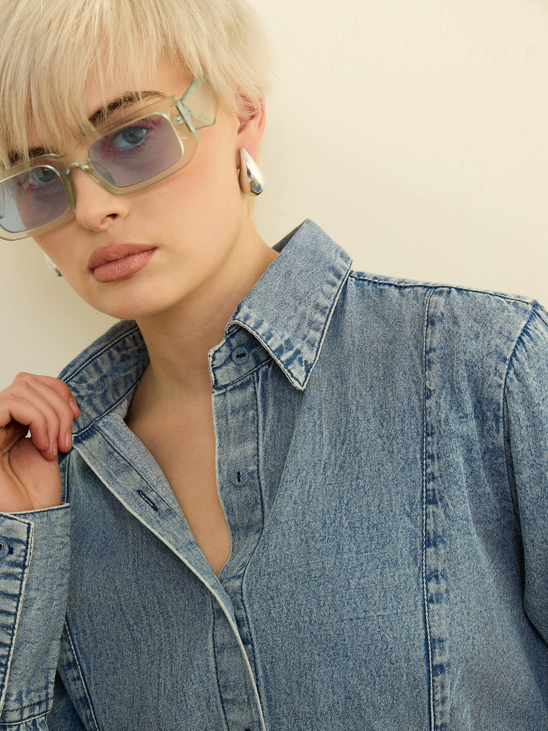 Blue Denim Acid Wash Slim Fit Shirt -SASSAFRAS