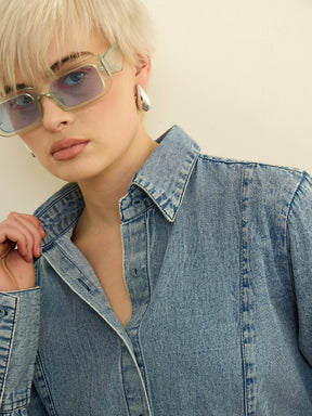 Blue Denim Acid Wash Slim Fit Shirt -SASSAFRAS
