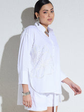 White Poplin Embellishment Oversize Shirt-SASSAFRAS